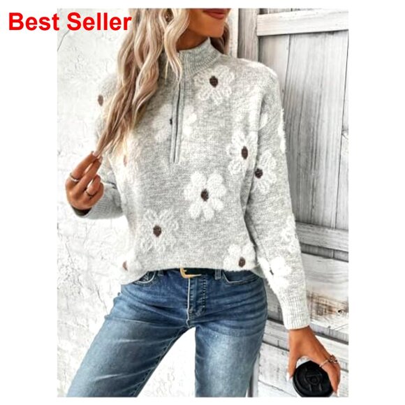 Quarter Zip Floral Pullover Sweater Long Sleeve V Neck Casual Top - Picture 4 of 7